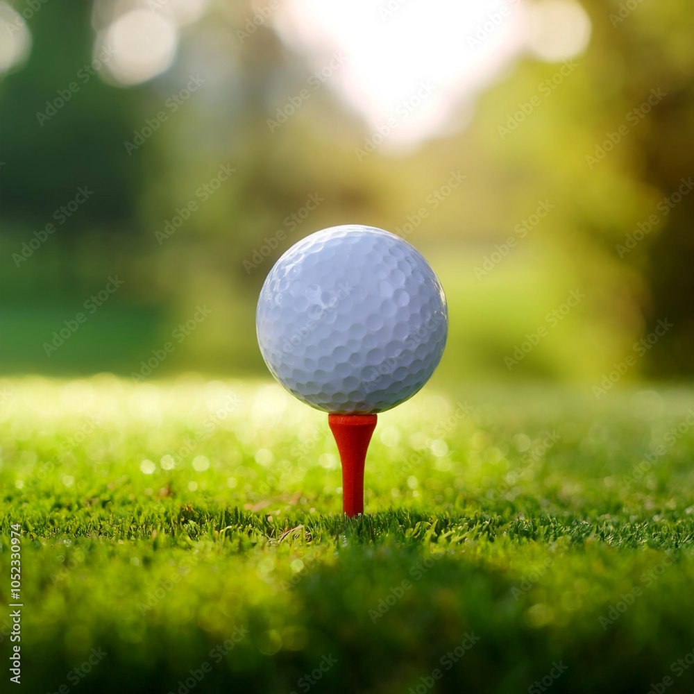 Close-up golf ball on tee with blur green bokeh background Close-up golf ball on tee with blur green bokeh background