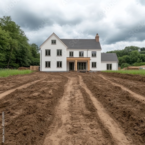 A newly constructed house surrounded by freshly plowed land.