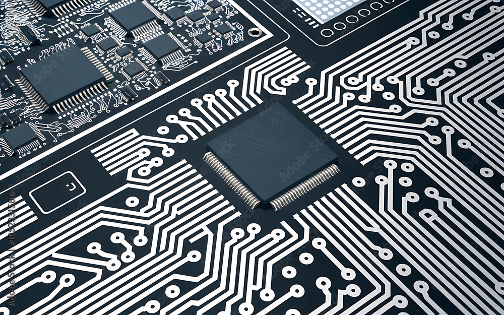 Black and white circuit board with a chip in the center  representing technology and innovation   