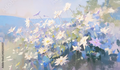 Abstract painting of wildflowers under blue sky