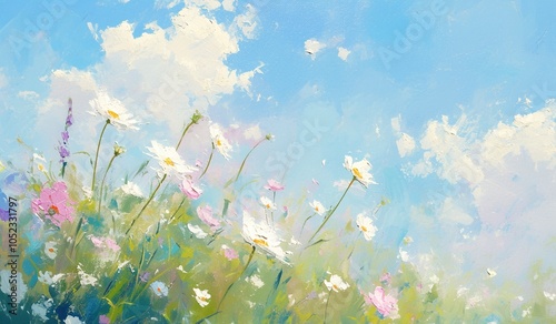 Abstract painting of wildflowers under blue sky