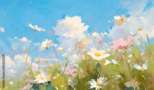 Abstract painting of wildflowers under blue sky