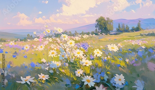 Abstract painting of wildflowers under blue sky