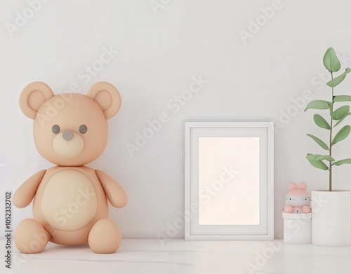 A white room with a teddy bear. a blank picture frame. and a potted plant. perfect for a nursery or child's bedroom
