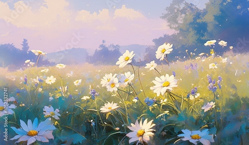 Abstract painting of wildflowers under blue sky