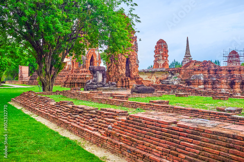 The preserved foundation of Wat Mahathat temple in Ayutthaya, Thailand photo