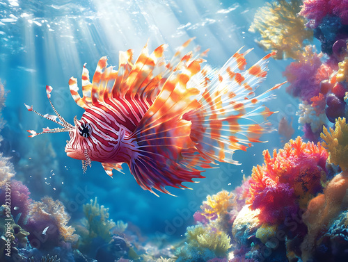 Vibrant lionfish swimming gracefully in a colorful coral reef under sparkling sunlight. photo