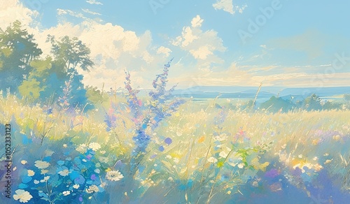 Abstract painting of wildflowers under blue sky