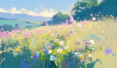 Abstract painting of wildflowers under blue sky