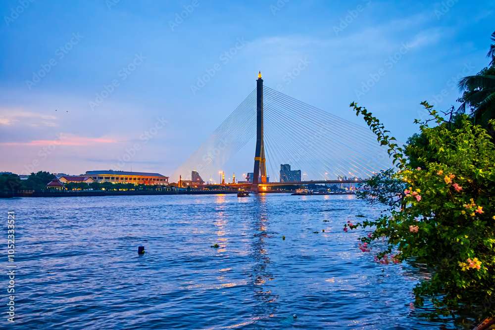 Chao Phraya and Rama XIII Bridge at dusk, Bangkok, Thailand