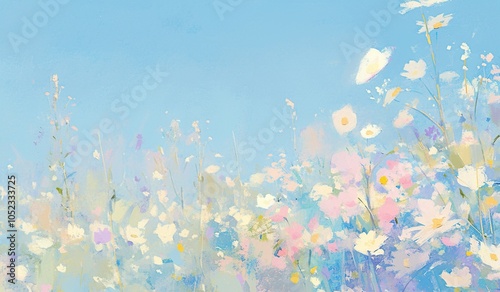 Abstract painting of wildflowers under blue sky