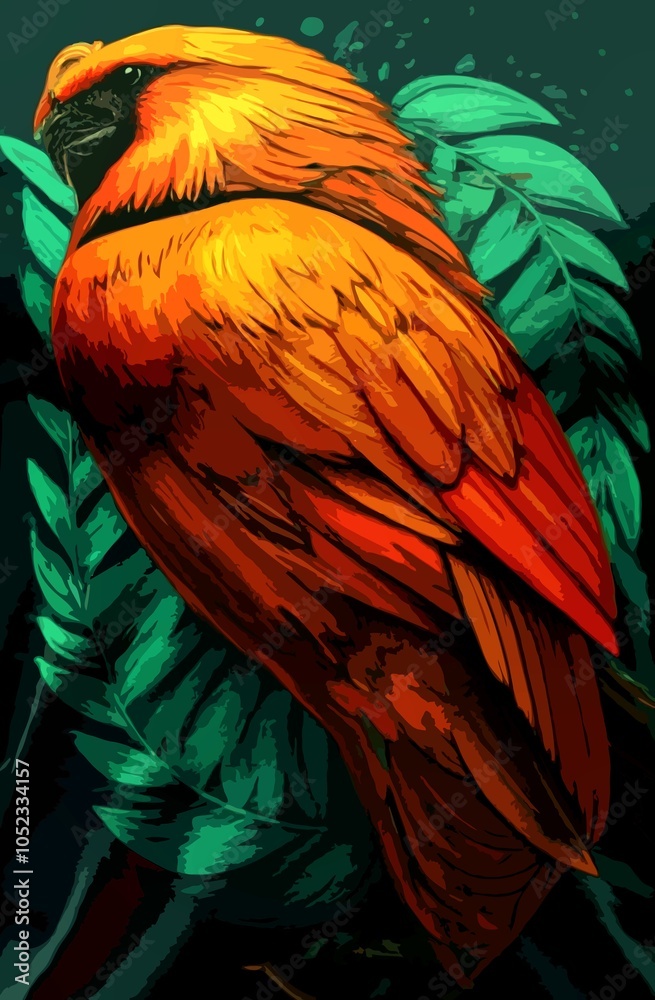 Fototapeta premium vibrant, stylized illustration of a scarlet macaw perched amidst lush, tropical foliage. The parrot's plumage is depicted in a bold, graphic style with contrasting shades of orange and red. The leaves