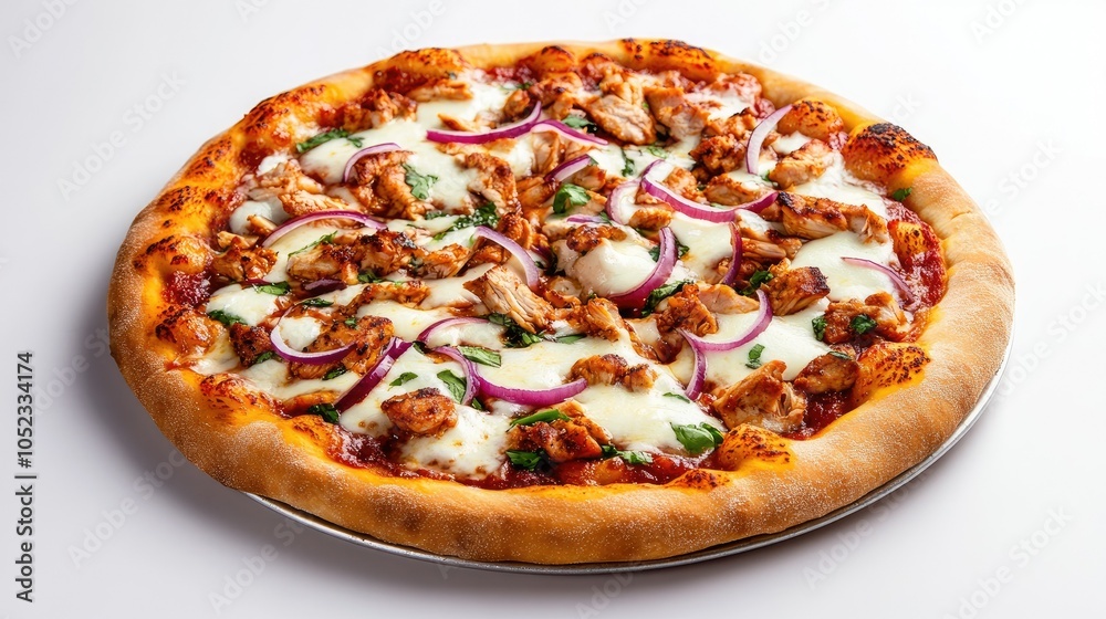 Delicious BBQ Chicken Supreme Pizza on a White Background Delicious BBQ Chicken Supreme Pizza on a White Background