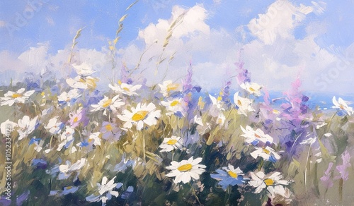 Abstract painting of wildflowers under blue sky