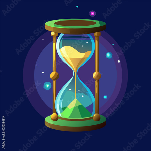 A whimsical hourglass illustration, perfect for adding a touch of magic and timeliness to your designs. This vibrant and colorful graphic features a green sand and a starry background.
