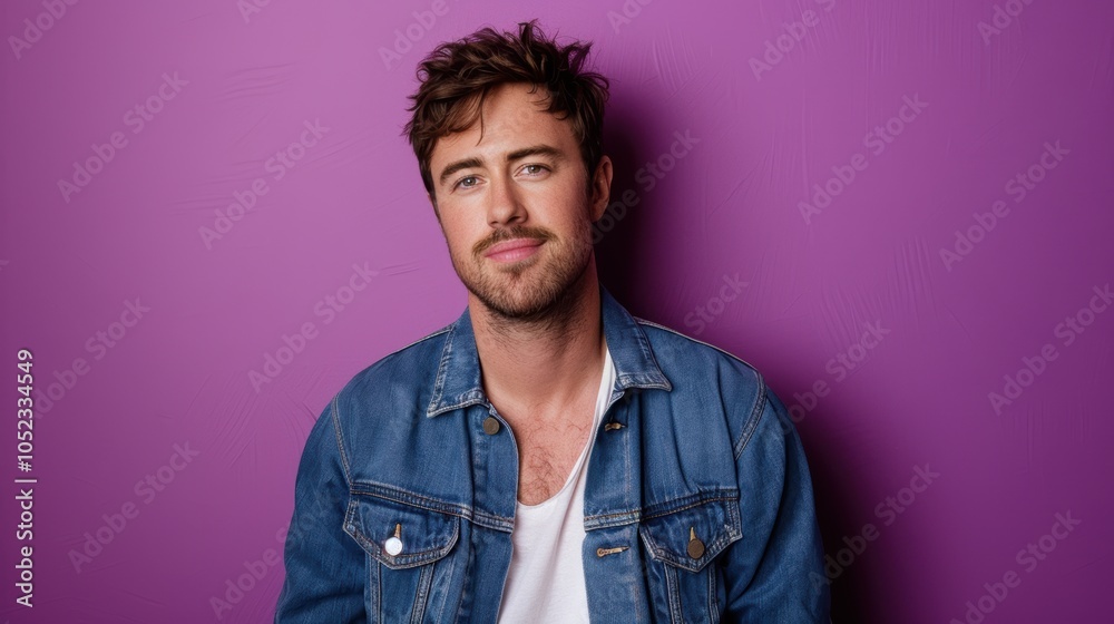 Obraz premium Casual Style and Confidence: Denim Jacket Against Bold Purple Backdrop for Design Use
