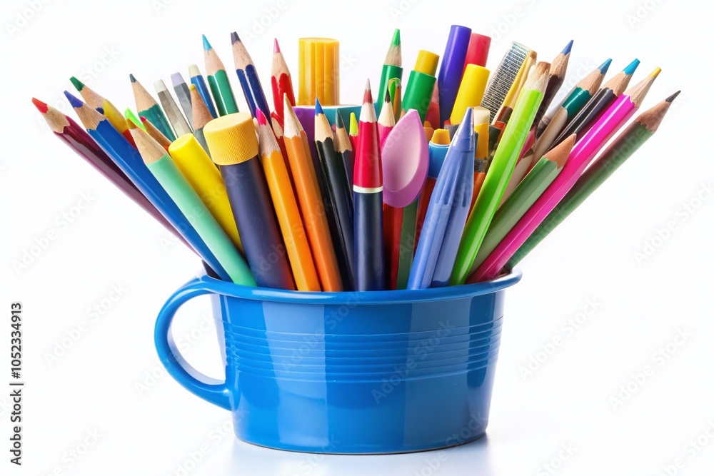 Fototapeta premium Colorful School Supplies in Blue Cup - Night Photography Illustration