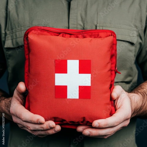 A person holding a red first aid kit featuring a white cross emblem. photo