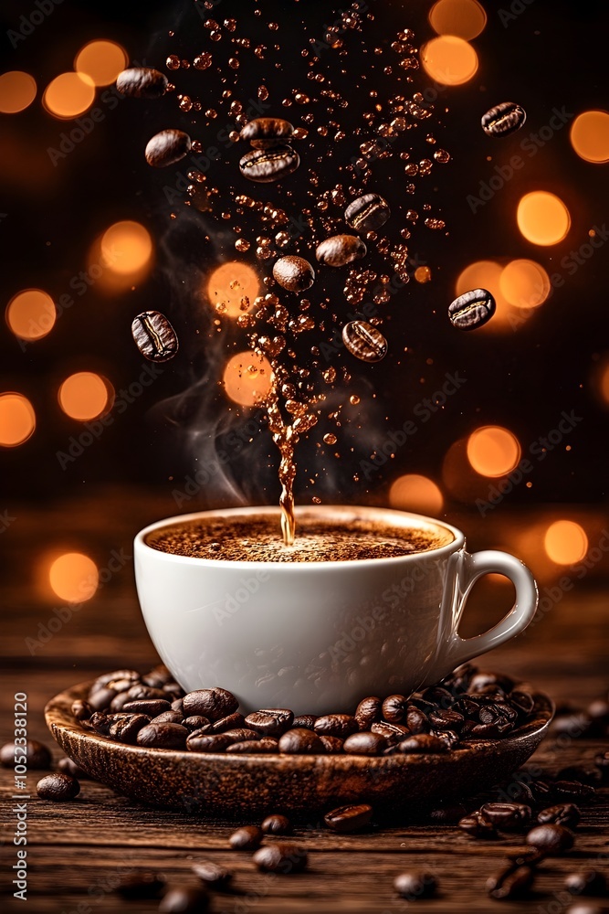 Obraz premium Aromatic coffee scene with swirling steam and floating beans on rustic wooden table