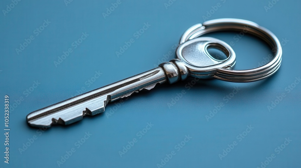 shiny silver key attached to a minimalist keychain, prominently featured against a soothing blue background, symbolizing the excitement of homeownership and new beginnings shiny silver key attached to a minimalist keychain, prominently featured against a soothing blue background, symbolizing the excitement of homeownership and new beginnings