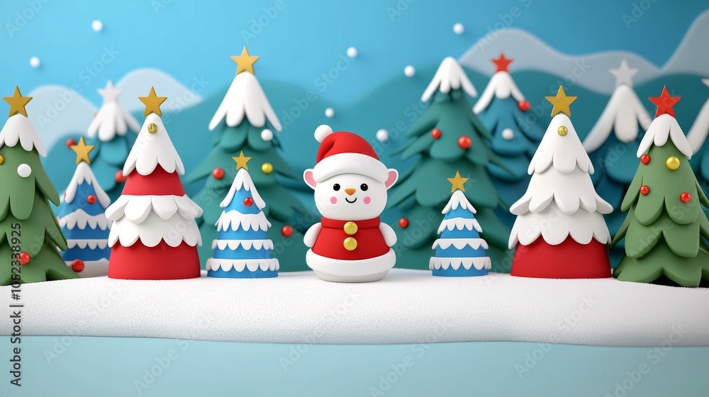 Cute Snowman Character in Christmas Tree Forest Cute Snowman Character in Christmas Tree Forest