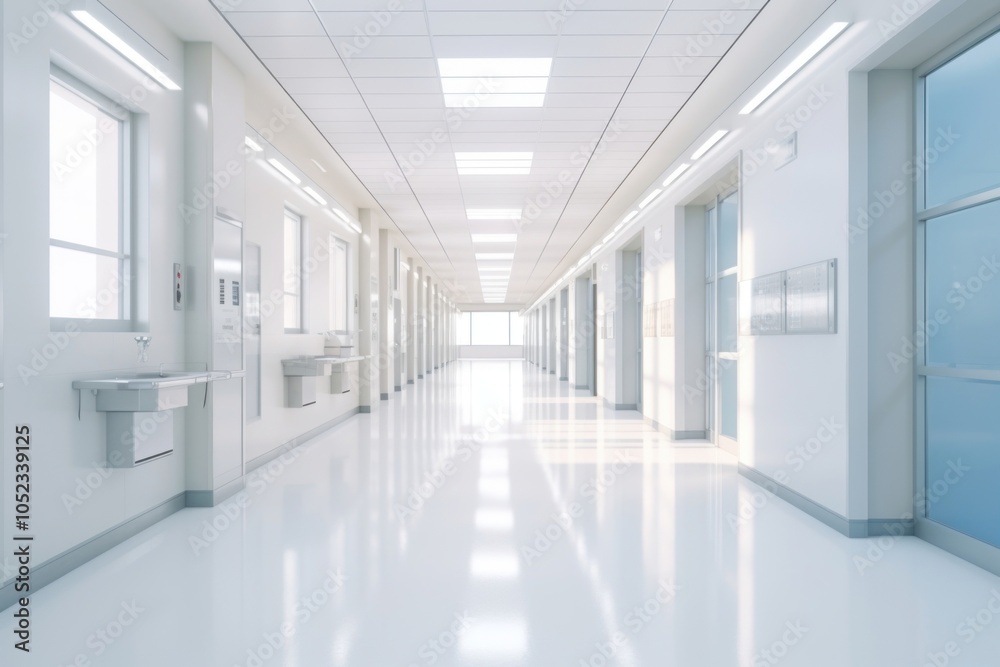 Fototapeta premium A long hospital bright white brown corridor architecture flooring building. Image .