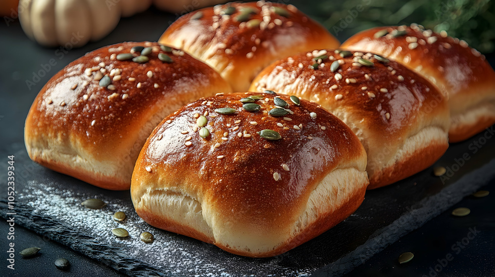 Freshly baked, golden-brown bread rolls with sesame seeds, perfect for any meal or gathering.