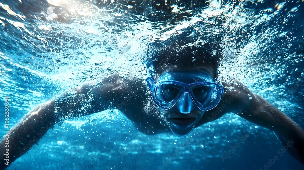 Fototapeta premium Bioengineered Aquatic Superhuman Effortlessly Swimming Underwater in the Ocean