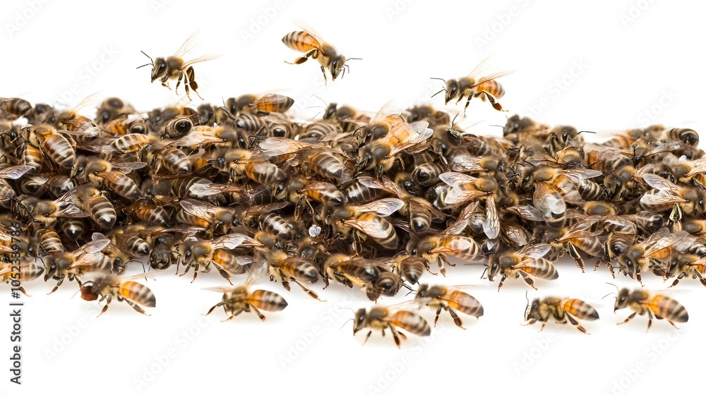 Close up of Melted Honey with Swarm of Flying Bees on White Background Close up of Melted Honey with Swarm of Flying Bees on White Background