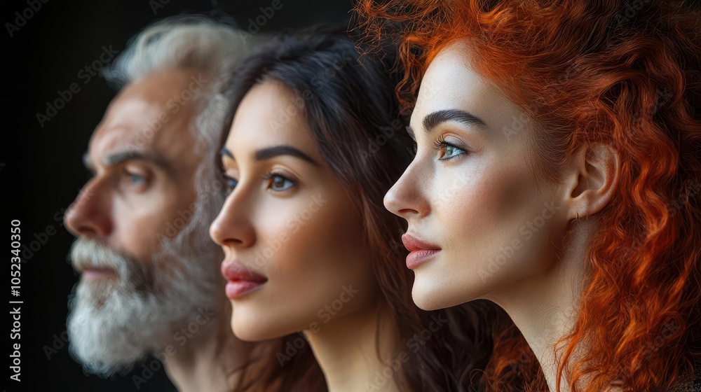 side profile of a varied group of people, showcasing differences in age, ethnicity, and culture, radiating a sense of unity and acceptance against a soft, blended backdrop side profile of a varied group of people, showcasing differences in age, ethnicity, and culture, radiating a sense of unity and acceptance against a soft, blended backdrop