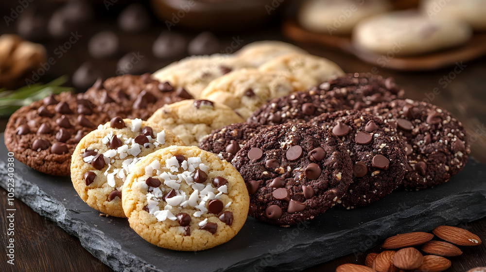 Assorted cookies with chocolate chips on a slate platter, showcasing a delightful treat for any dessert lover. Assorted cookies with chocolate chips on a slate platter, showcasing a delightful treat for any dessert lover.