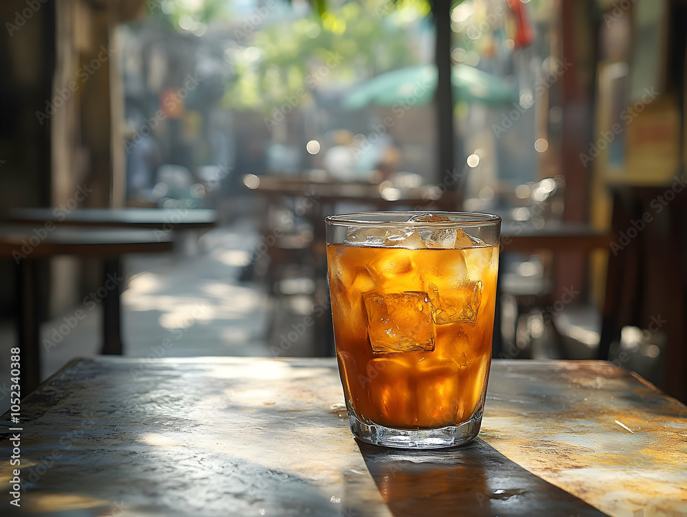 Refreshing iced drink in a glass on a rustic table, sunlight casting gentle shadows in a lively cafe atmosphere. Refreshing iced drink in a glass on a rustic table, sunlight casting gentle shadows in a lively cafe atmosphere.
