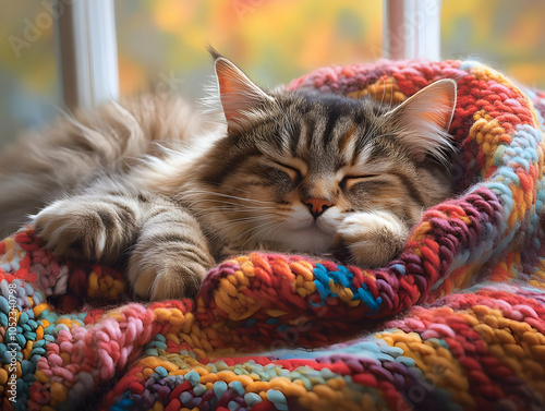 A cozy tabby cat peacefully sleeping on a colorful knitted blanket near a window with soft natural light. photo