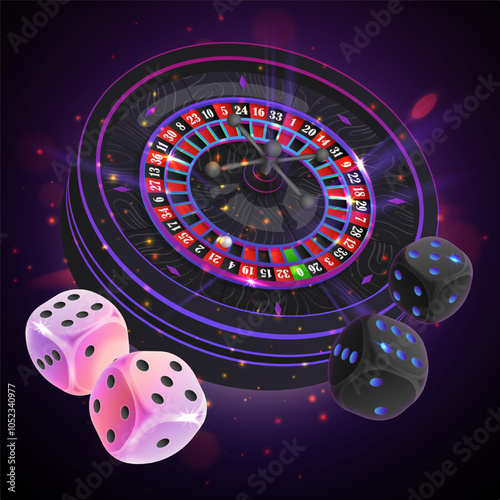 Casino roulette wheel and dices on black background with purple light, rays, glare, sparkles. Vector illustration for casino, game design, advertising