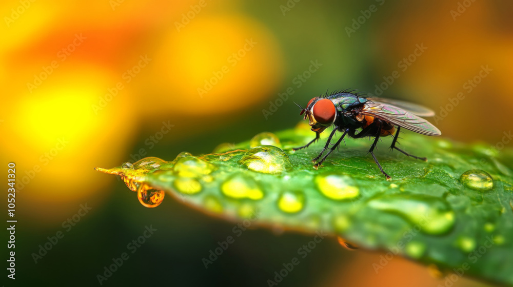 Naklejka premium Fly on a leaf in macro photography 