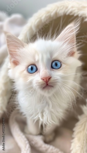 Wide-Eyed White Kitten on Pastel Blanket - Perfect for Pet Adoption Promotions