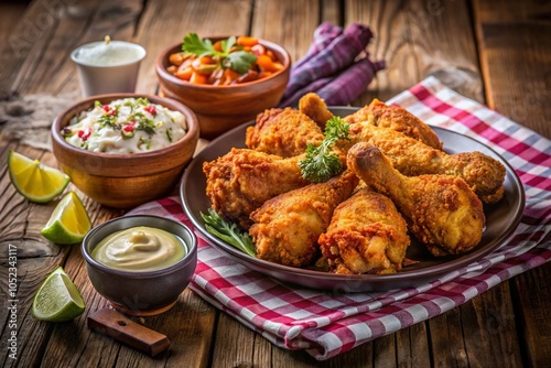 Crispy Fried Chicken Drumsticks with Coleslaw and Pickles - A High Angle View of a Delicious Meal