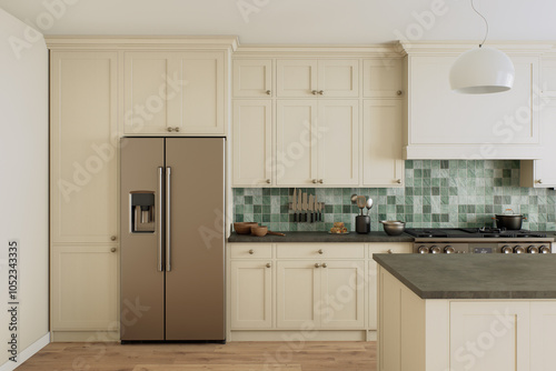 Explore the essence of modern kitchen design featuring sleek appliances and elegant green tiles