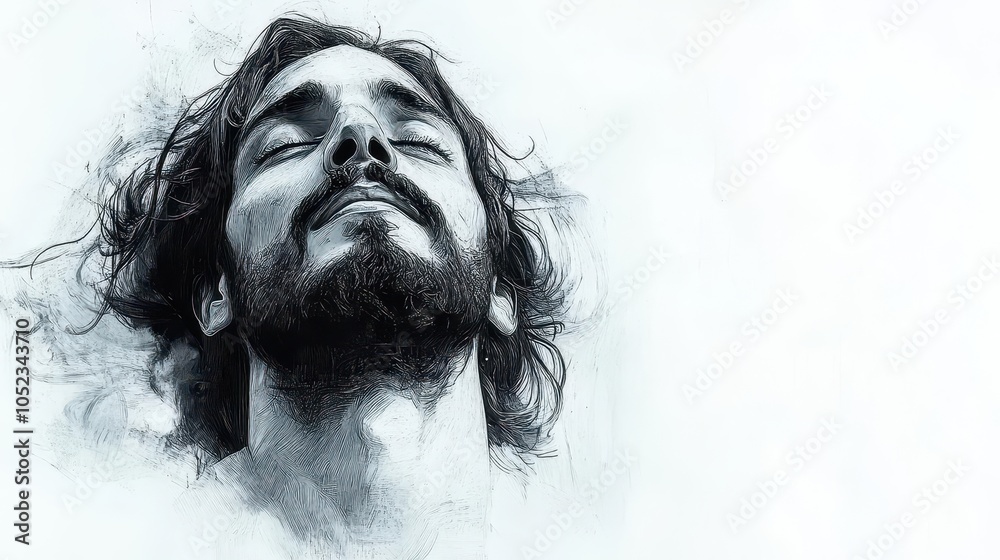 Fototapeta premium sketch of a serene jesus christ on a pristine white background, evoking a sense of peace and contemplation with ample copy space