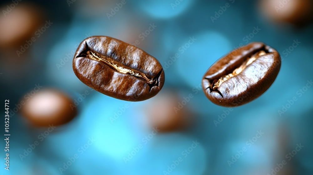 Obraz premium Floating Roasted Coffee Beans in Motion on Blurred Blue Background