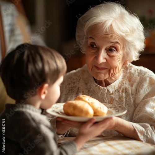 Grandma smiles as she gives grandson potatoes at family dinner.
