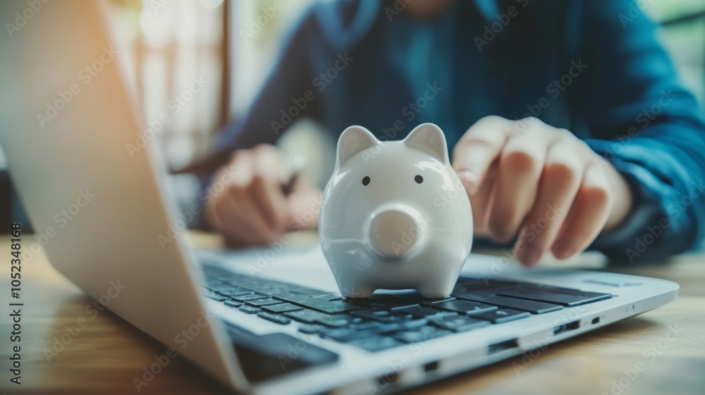 Savings for freelancers: A freelancer managing their income and setting aside money in a savings account, with elements like a laptop, invoices, and a digital banking app, Savings for freelancers: A freelancer managing their income and setting aside money in a savings account, with elements like a laptop, invoices, and a digital banking app,