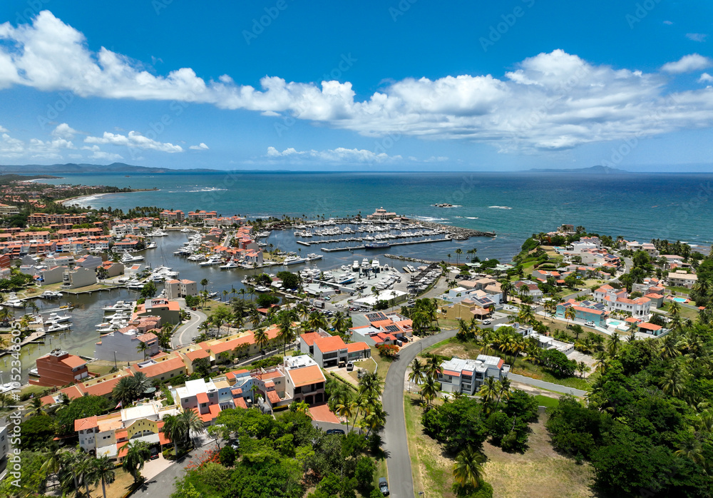 Obraz premium Aerial Vantage of Harbour View and Yacht Marina in the southern community of Palmas del Mar, Humacao, Puerto Rico
