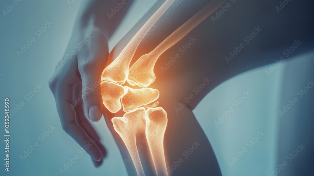 Woman is grabbing her painful knee, with an x ray effect highlighting her bones. The image evokes medical and healthcare concepts Woman is grabbing her painful knee, with an x ray effect highlighting her bones. The image evokes medical and healthcare concepts