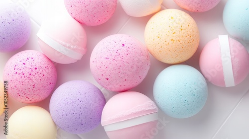 A collection of colorful bath bombs arranged on a white background.