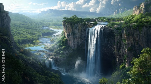 A cliffside view of a cascading waterfall plunging into a river far below, surrounded by greenery.