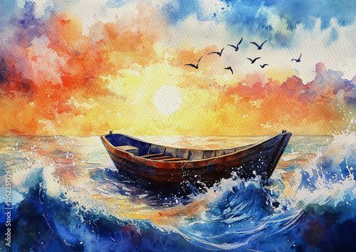 Watercolor paintings sea landscape, ship in the sea at sunset, boat on the sea