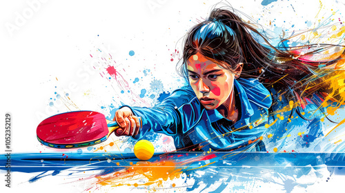 Girl playing table tennis and performing quick kick at ball over tennis table, with dynamic movement reflecting her athletic spirit. In style of street pop art, on white background. Copy space.