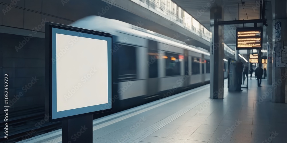 Minimalist metro station platform featuring blank digital screen and approaching train with city map mockup for design banner Minimalist metro station platform featuring blank digital screen and approaching train with city map mockup for design banner