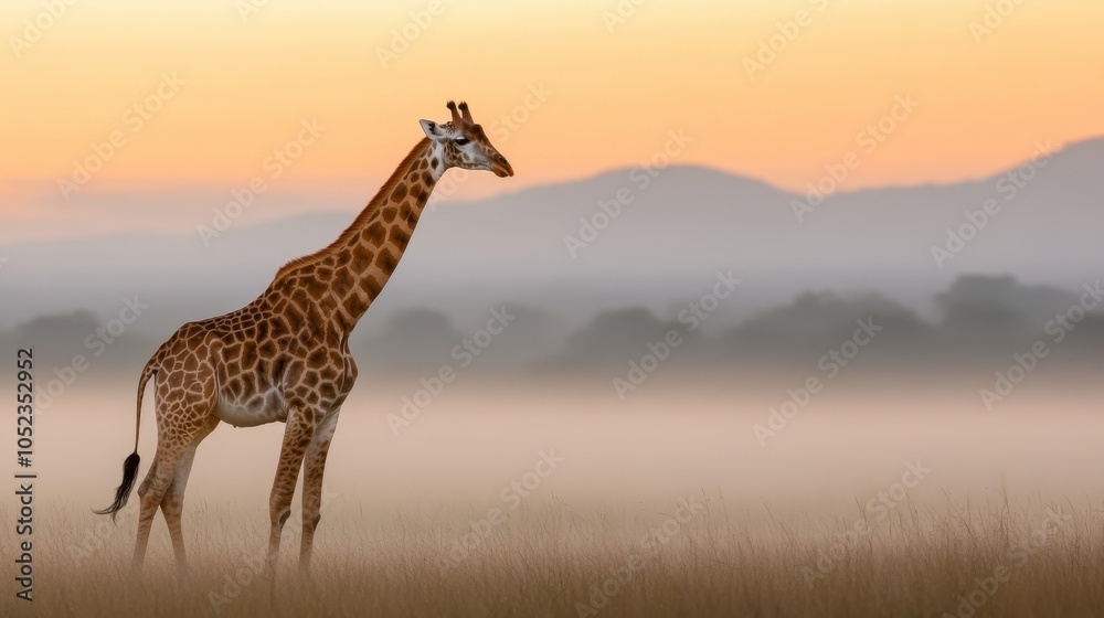 Obraz premium Lone Giraffe Wandering Through Misty African Landscape